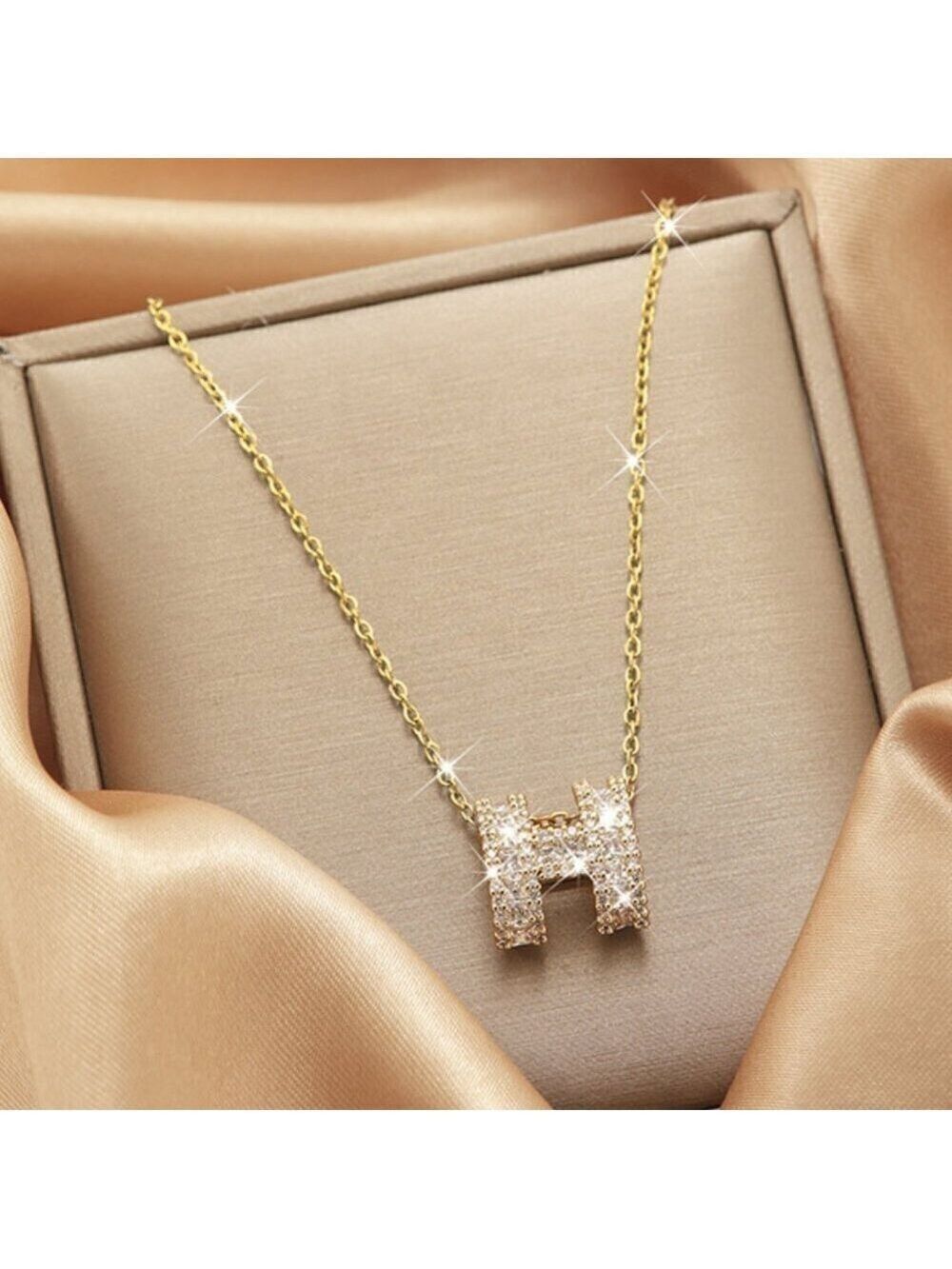 18K Gold Plated Stainless Steel Luxury Letter H Simulated Diamond Necklace